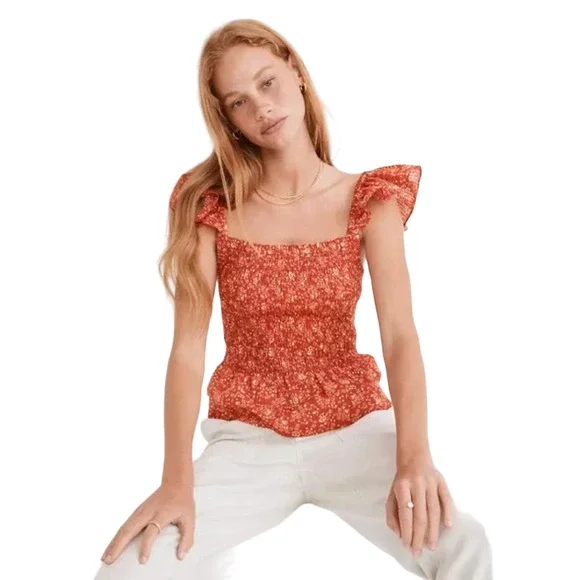 NWT Madewell Fresh Chili Red Lucie Floral Smocked Peplum Top - Picture 3 of 10